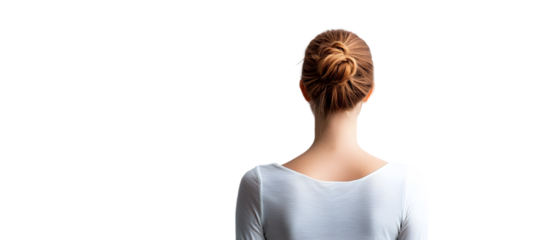 A woman facing away from the camera, her hair neatly pulled back into a bun, stands before a white wall