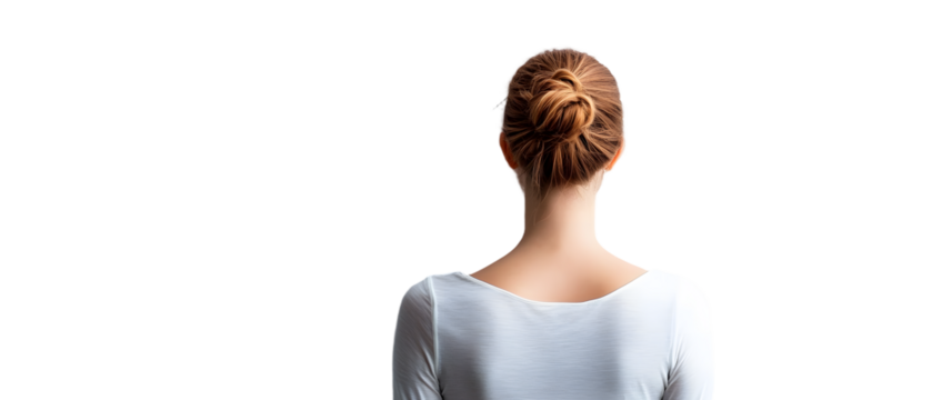 A woman facing away from the camera, her hair neatly pulled back into a bun, stands before a white wall
