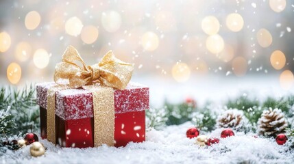 Fototapeta premium Festive Christmas presents wrapped in red green on snowcovered ground with pine branches twinkling lights.
