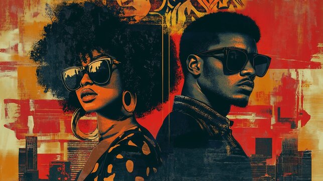 Afro House Party promotional poster featuring a split-screen portrait of a man and a woman with bold afro hairstyles, wearing dark aviator sunglasses