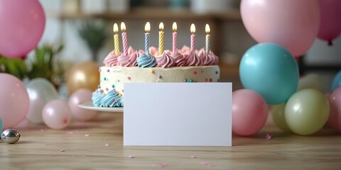 Bright and Festive Birthday Cake Surrounded by Colorful Balloons and Candles, Perfect for Celebrations and Party Decorations with Blank Space for Messages