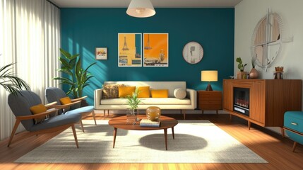 Mid-century modern living room with vintage decor and pops of color