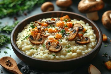 flat lay A serving of risotto with mushrooms a