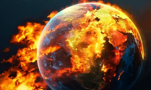 Animated video of the earth spinning emitting fire, showing global warming