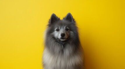 Obraz premium Majestic Keeshond with Fluffy Gray Coat in Backlit Glow on Yellow Background