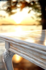 A close up of a table with a sunset in the background