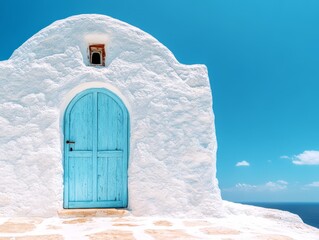 A white building with a blue door on the side of it