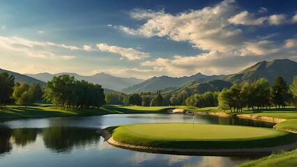 Fototapeta premium Serene Lakeside Golf Course with Mountain View