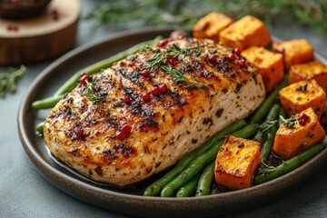 Roasted turkey breast with green beans and swe