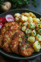 stock photo A plate of schnitzel with potato s