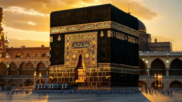 Worshippers gather around the Kaaba at sunset