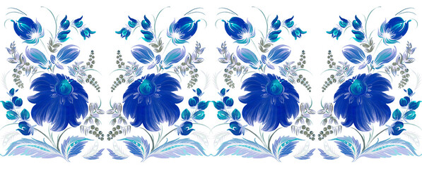 Floral seamless border pattern from hand drawn dahlia and chrysanthemum blue flowers on a white background