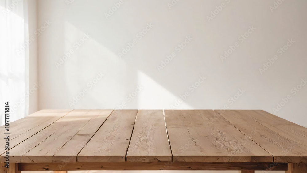 Poster wooden table with ample copy space, illuminated by soft natural light, creating serene and eco frien