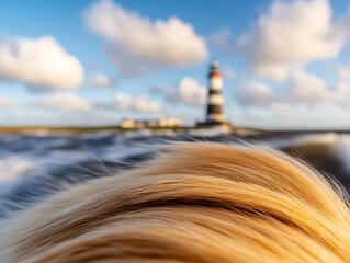  A close up of a horse's mane with a lighthouse in the background