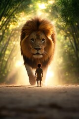 A young boy walking down a dirt road next to a large lion