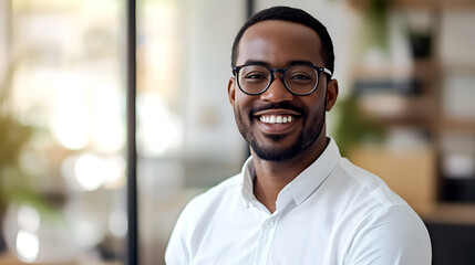 Obraz premium Smiling middle-aged man in professional attire with glasses, standing in a modern office environment with a confident and positive expression