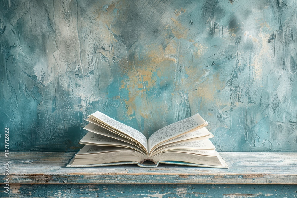 Poster an open book rests on a rustic table against a textured blue background.