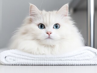 Fototapeta premium A fluffy white cat with blue eyes sitting on a white towel