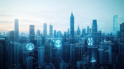 Fototapeta premium Robust city skyline with skyscrapers shaped like financial symbols, stylized realism, deep shadows, showcasing strong economic growth