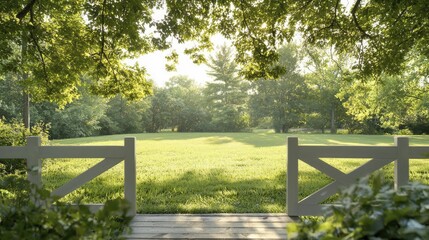Fototapeta premium Sliding gate leading into a secluded backyard, dappled sunlight filtering through trees, cozy and intimate outdoor space.
