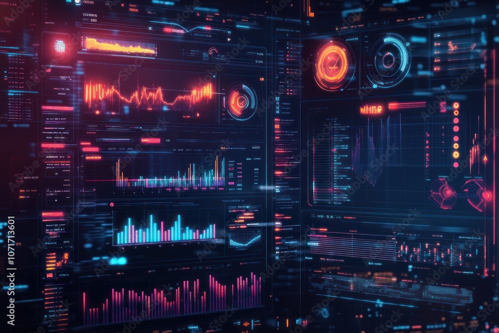 Poster futuristic digital interface with glowing blue and red data and graphs.