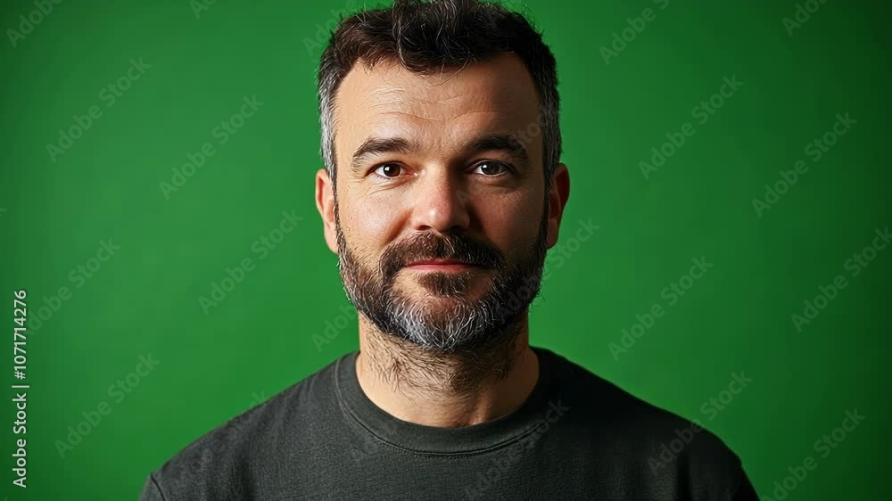 Poster man with a beard is posing on a green screen, smiling and looking relaxed. the solid background allo