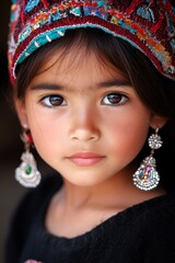 Obraz premium A young girl wearing a colorful hat and earrings