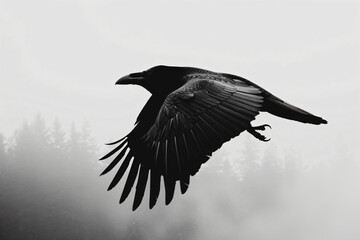 Fototapeta premium a raven in flight against misty Canadian forest backdrop