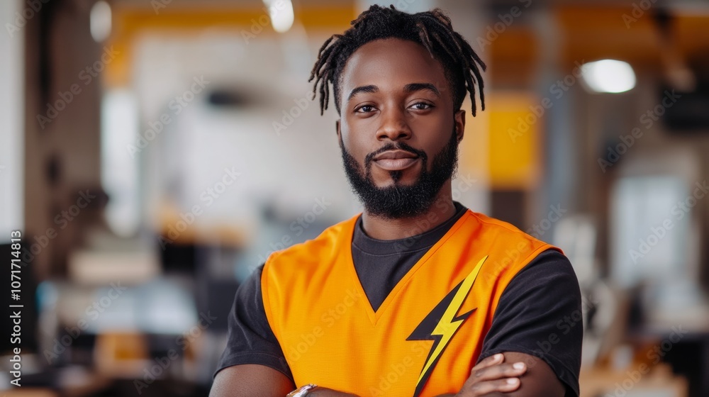 Poster man with dreadlocks and a lightning bolt on his vest. he is standing in front of a wall with a white