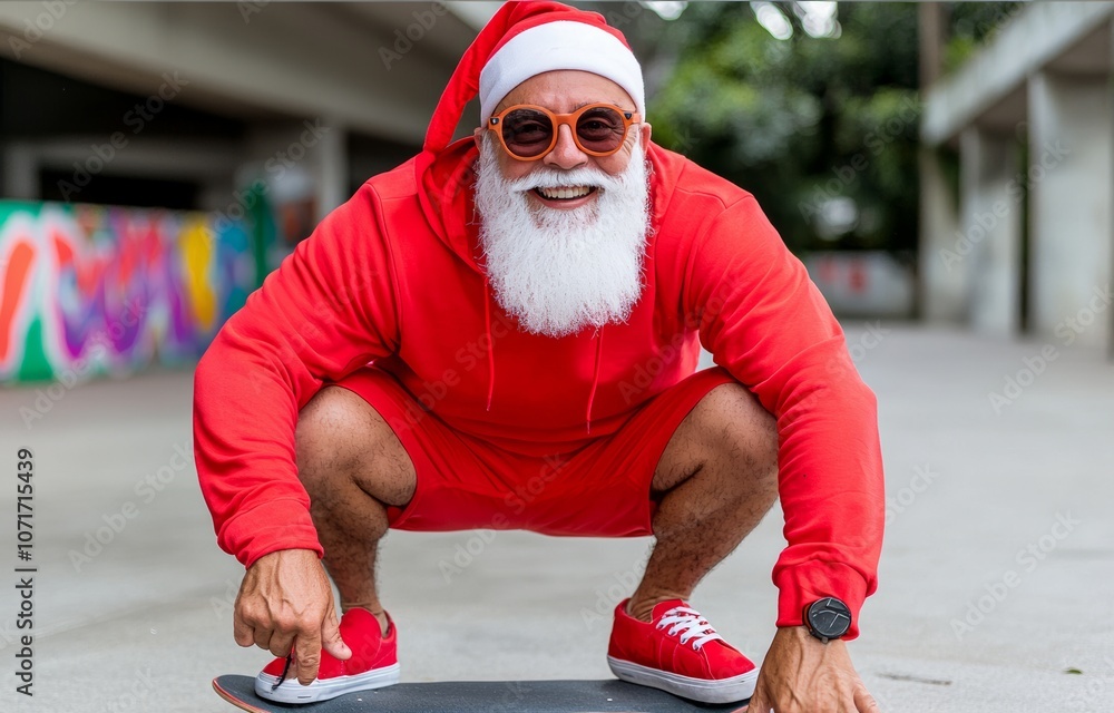Aufkleber man in a red santa suit is smiling and pointing at the camera while standing on a skateboard