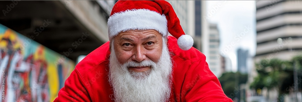 Poster man in a red santa hat and red suit is smiling and posing for a picture. the image has a festive and