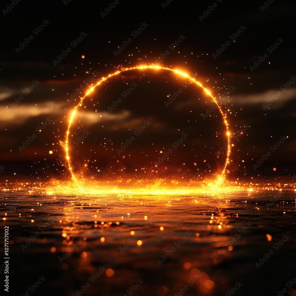 Poster glowing ring of fire over water reflecting light in dramatic dark background creating a captivating 