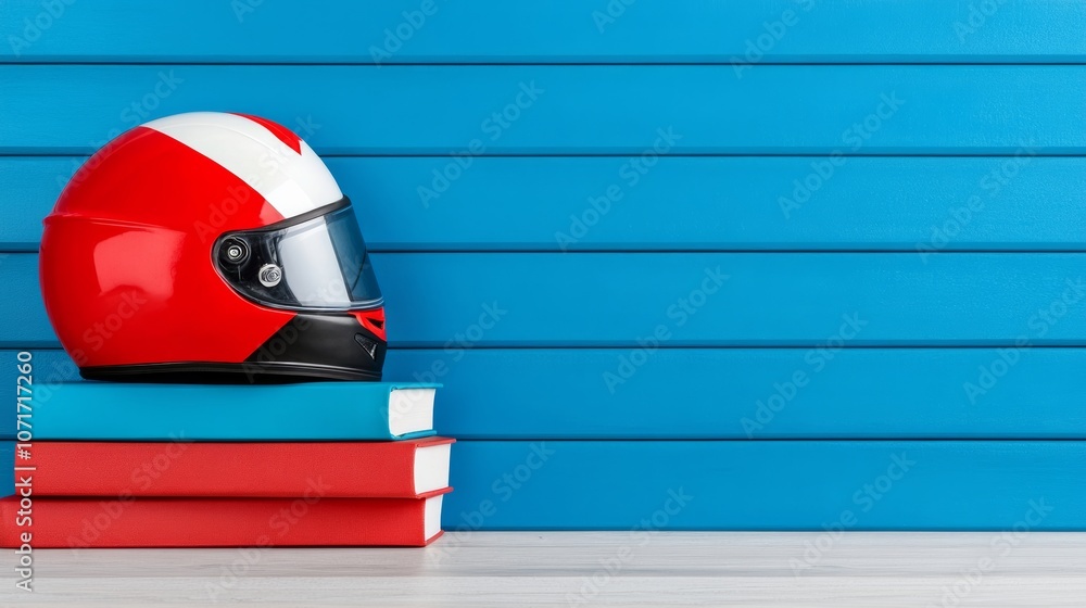 Poster red and white helmet sits on top of a stack of books. the helmet is placed on a blue background, whi