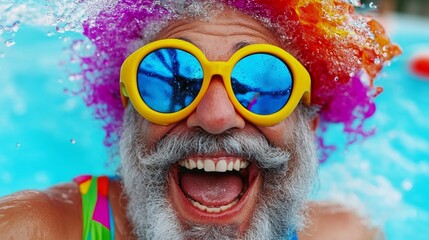 Man with a big smile on his face wearing a yellow and blue pair of sunglasses. He is in a pool