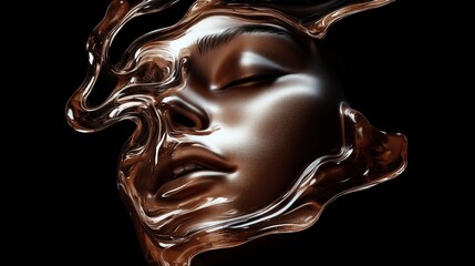 Surreal Digital Art of Abstract Face with Fluid Shapes on Dark Background