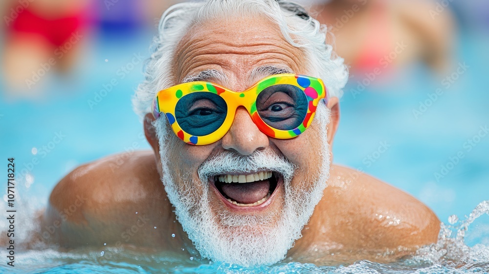 Poster man in a pool wearing colorful glasses and a big smile. he is enjoying himself and having fun