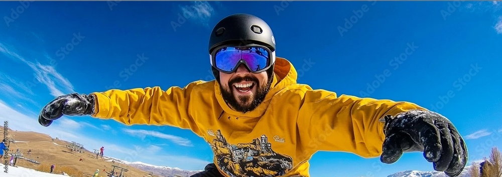 Poster man in a yellow jacket is snowboarding down a hill. he is smiling and he is enjoying himself