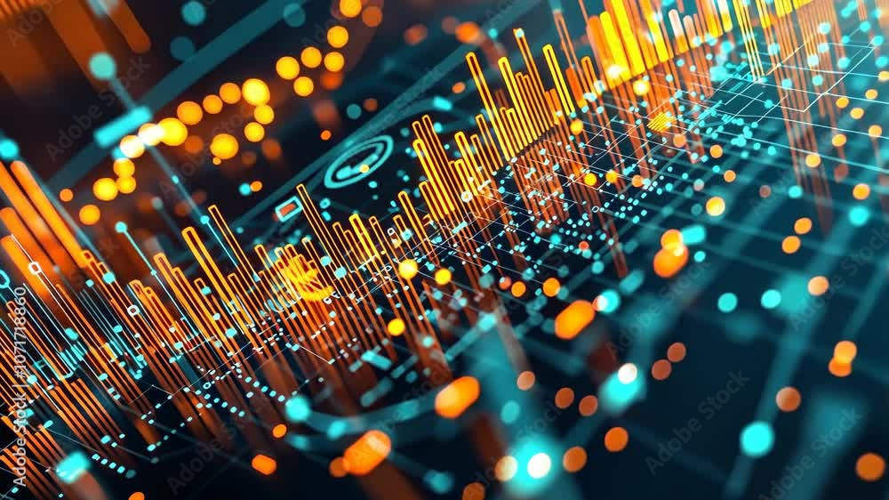 Poster vibrant abstract data visualization glowing orange and blue technology analytics in digital graphs
