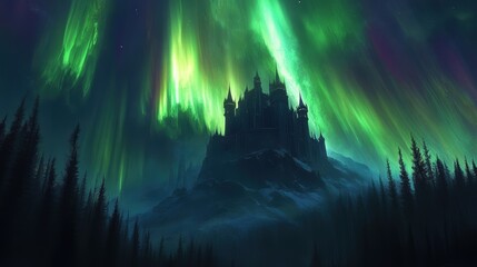 Obraz premium Witness the northern lights illuminate a magical sky castle in stunning gigapixel clarity