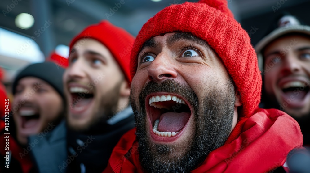 Poster man with a red hat and beard is laughing and smiling. he is surrounded by other people who are also 
