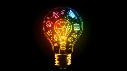 Conceptual light bulb containing glowing educational symbols, representing the blending of knowledge, creativity, and intellectual growth