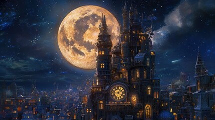 Obraz premium Explore the whimsical moon phase clock tower under a giant lunar landscape