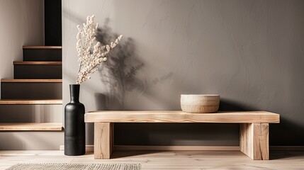 Minimalist Wooden Bench Against a Grey Wall
