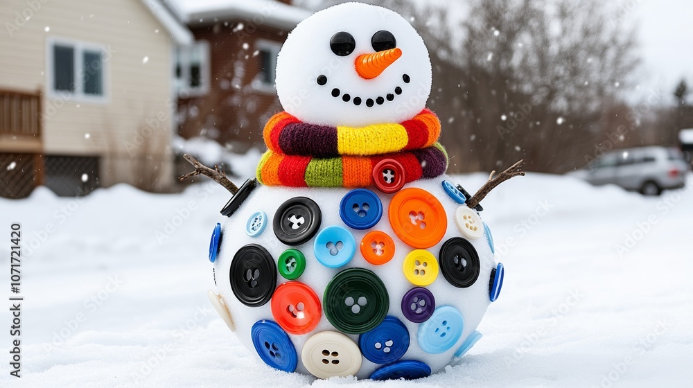 Poster snowman made out of buttons. the buttons are colorful and the snowman is smiling. the snowman is sta
