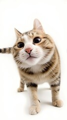 Obraz premium Generative AI, Close-up of a Munchkin cat with short legs and large eyes against a white background