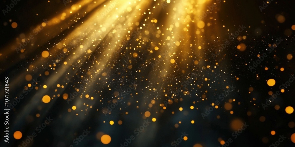 Aufkleber golden light beams shining through dark background with dazzling glitter particles and bokeh effect 