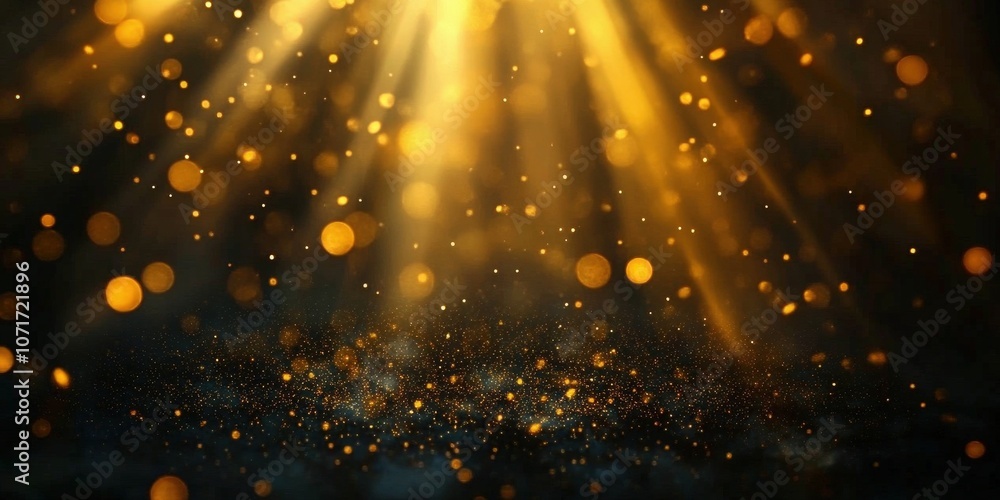 Poster golden rays of light illuminating a dark space, creating a magical atmosphere filled with shimmering