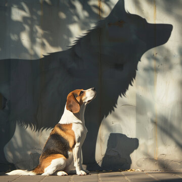 Beagle dog beside a large wolf shadow on a wall.