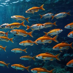 Mesmerizing school of golden fish swimming together in crystal clear turquoise ocean water, a vibrant display of marine life and underwater beauty in a tropical paradise