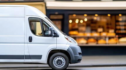 A white refrigerated van parked near a bakery under soft afternoon light, showcasing the delicious offerings through the store window
